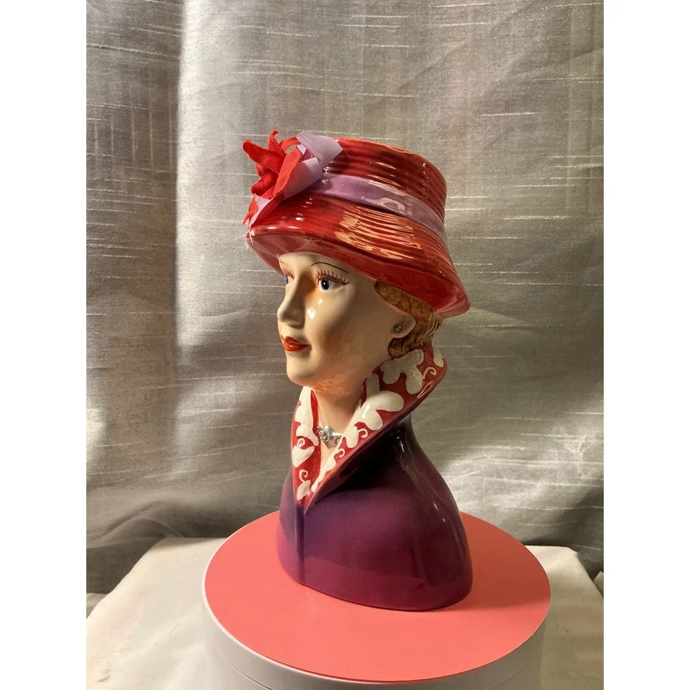 Vintage Style Ceramic Lady Head Vase Purple Coat Red Hat Floral Accent 9.5 inch